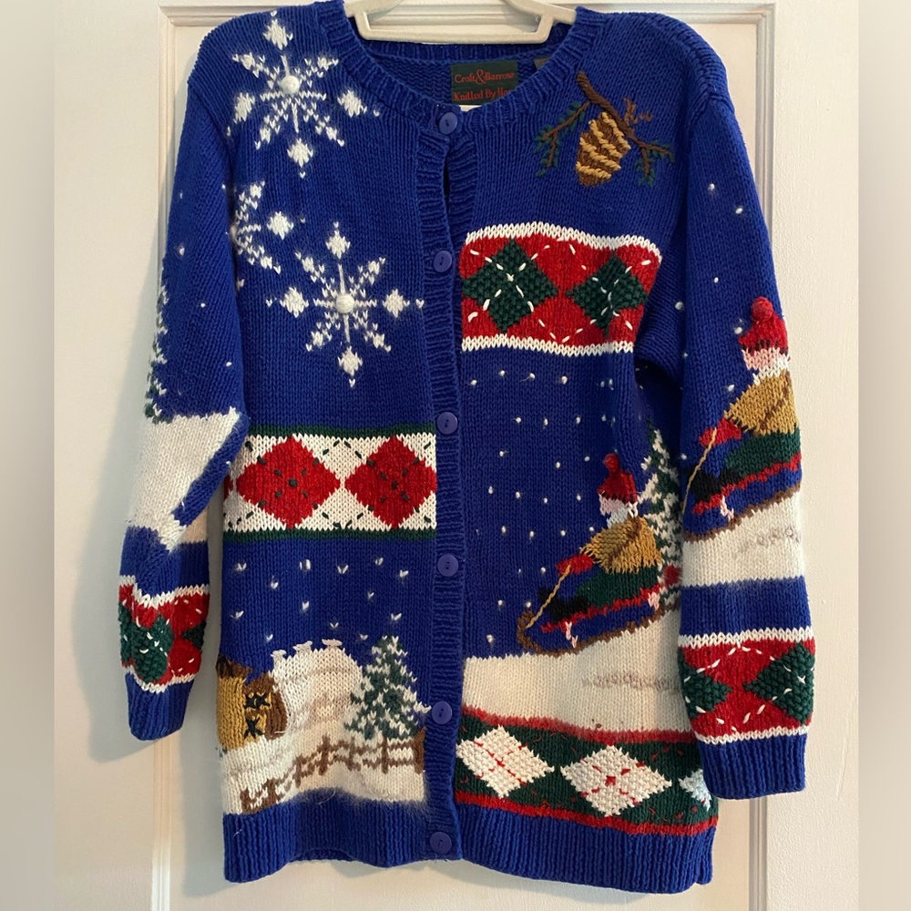 Vintage Hand Knit Croft & Barrow Sledding Snow Ugly Christmas Cardigan Size XS